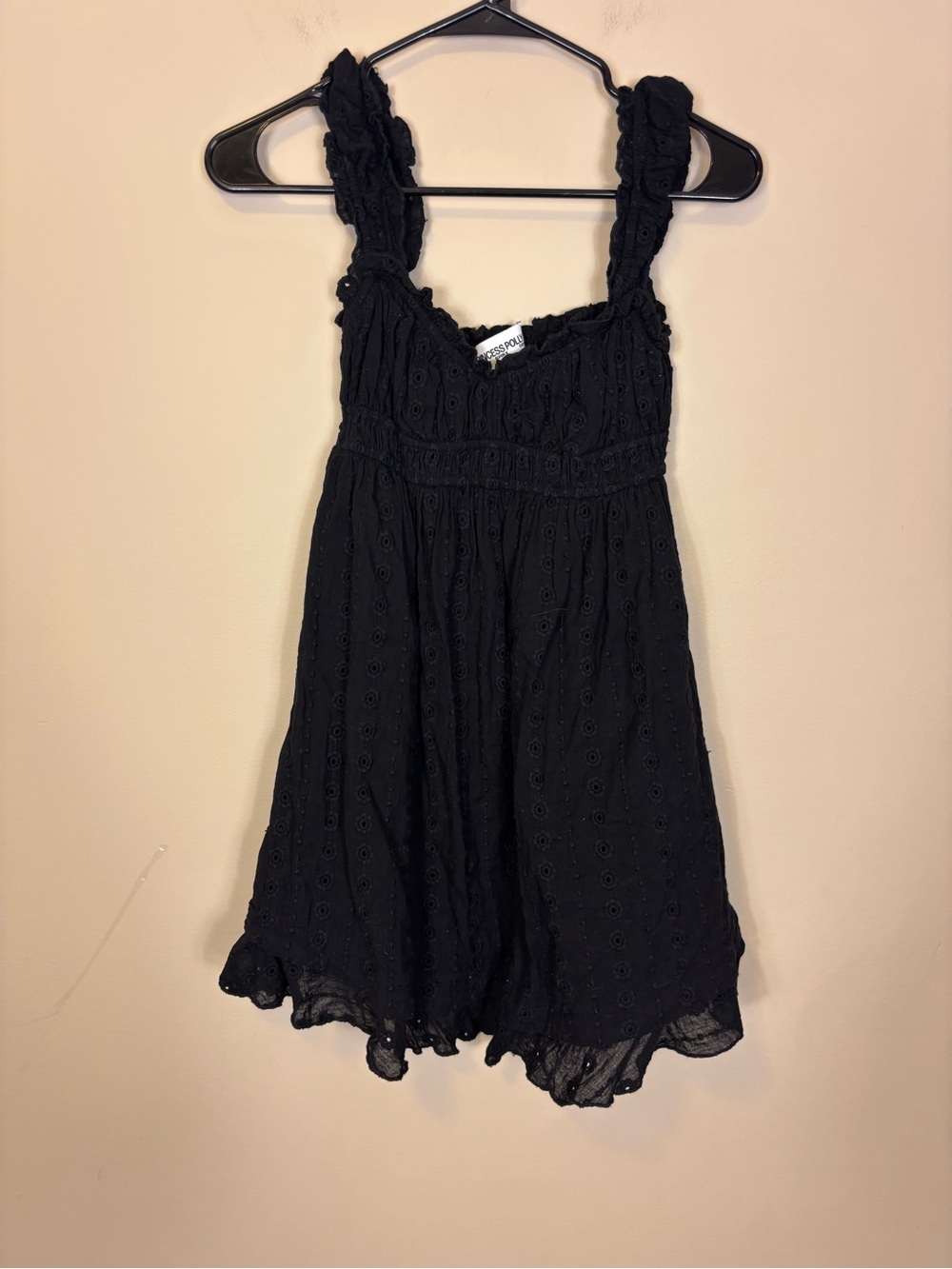 Princess Polly Black Eyelet Ruffle Strap Mini Dress Size 2